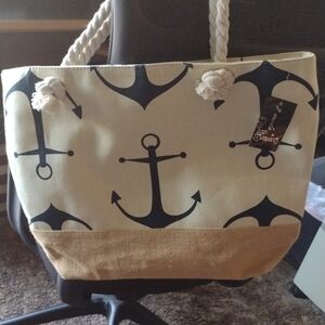 Nautical Anchor Print Tote Bag - Navy & Cream Jute Bottom, Fully Lined, Zip Clos